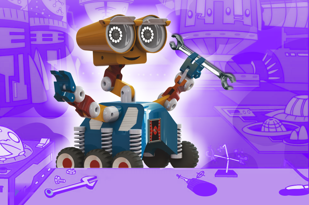 Robot z kluczem i chwytakiem w warsztacie. Kluczowe obiekty: robot, klucz, chwytak, warsztat.