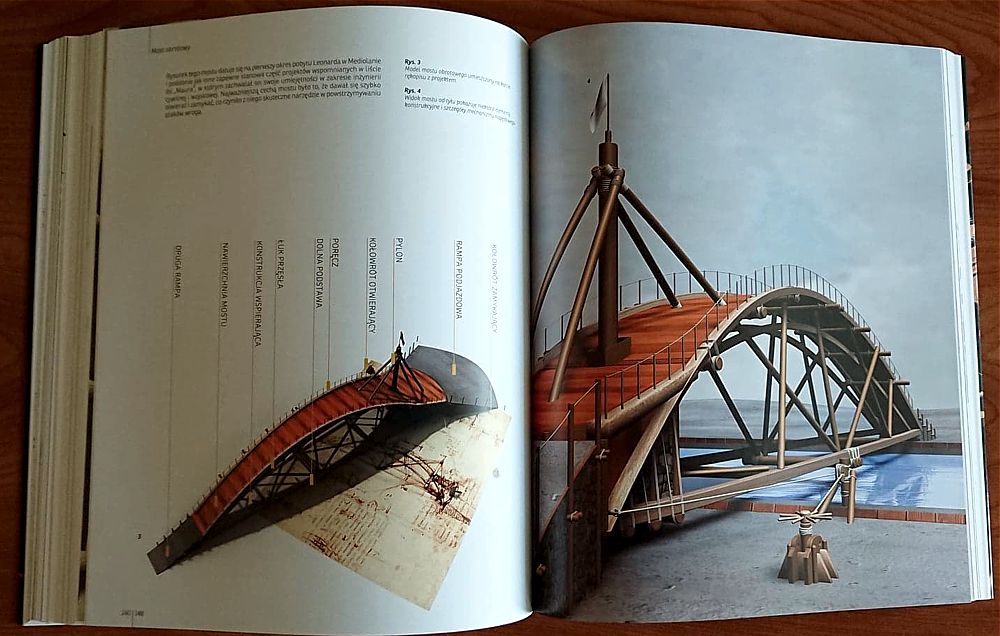 Model mostu obrotowego z XV wieku, z elementami: pylon, poręcz, łuk. Kontekst: projekt inżynieryjny.