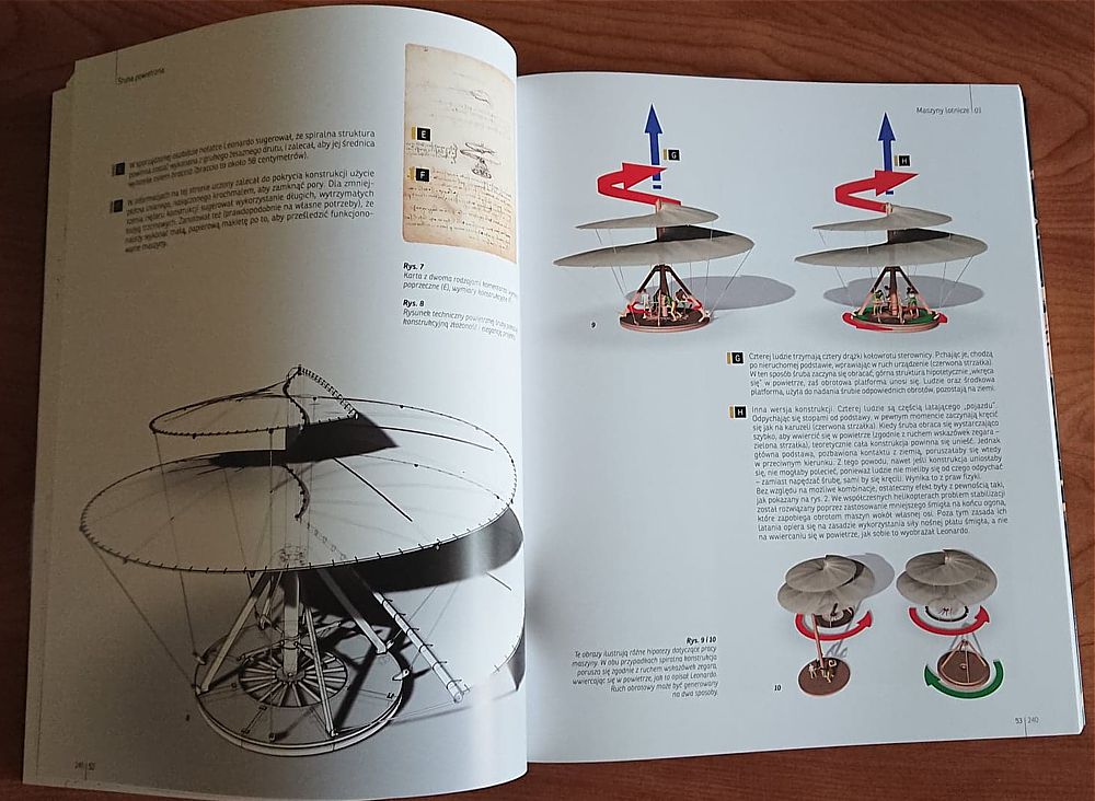 Rysunek przedstawia projekty maszyn latających Leonarda da Vinci. Kluczowe obiekty to helikopter i śmigłowiec.