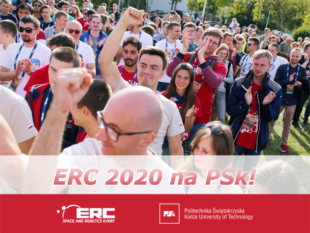 Ludzie na zewnątrz, niektórzy klaszczą. W tle budynki i drzewa. Kontekst: wydarzenie ERC 2020 na Politechnice Świętokrzyskiej.
