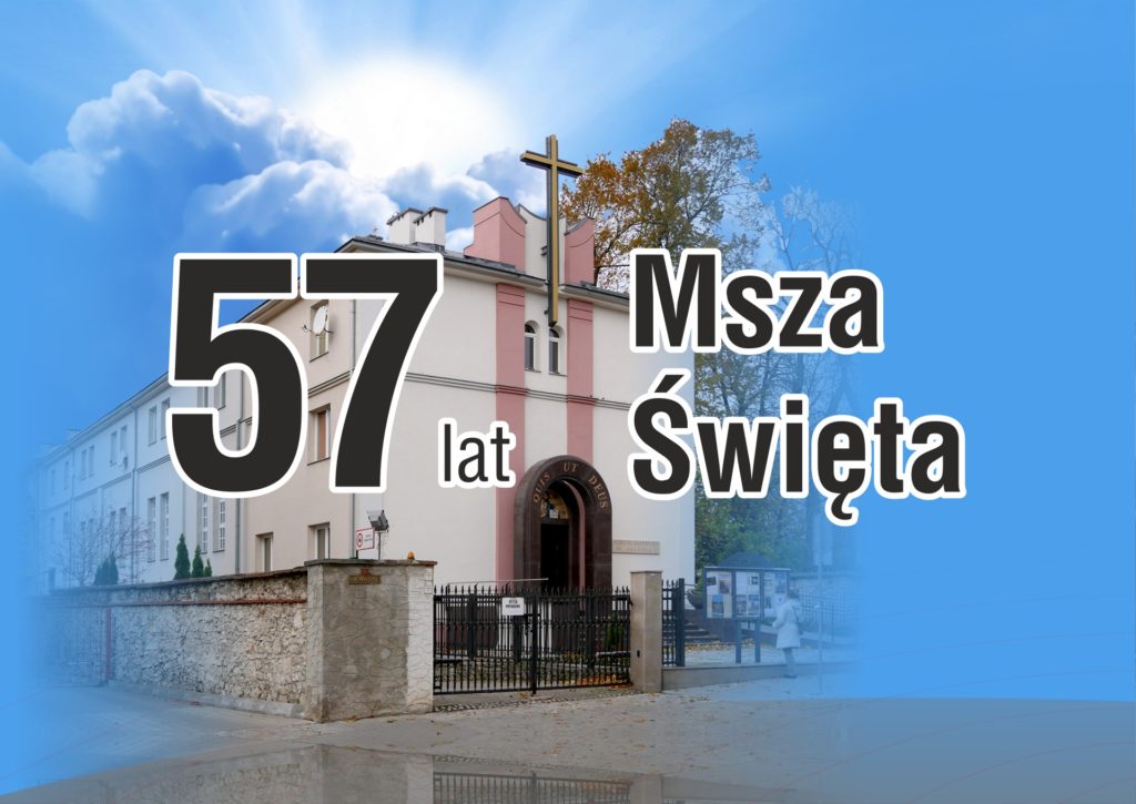 57 lat Msza Święta. Kościół, krzyż, budynek, niebo, chmury.