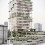 Nowoczesny budynek z zielenią na tarasach, otoczony ulicą z samochodami i pieszymi. Kontekst: architektura miejska.
