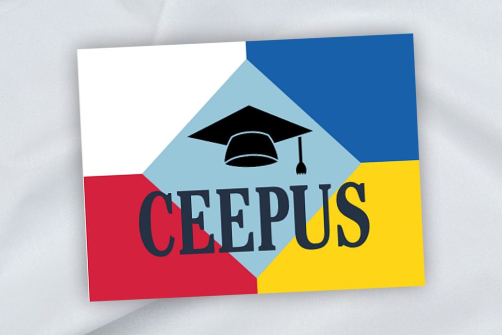 Logo CEEPUS z czarną biretem. Kolory: biały, błękitny, czerwony, żółty, niebieski.