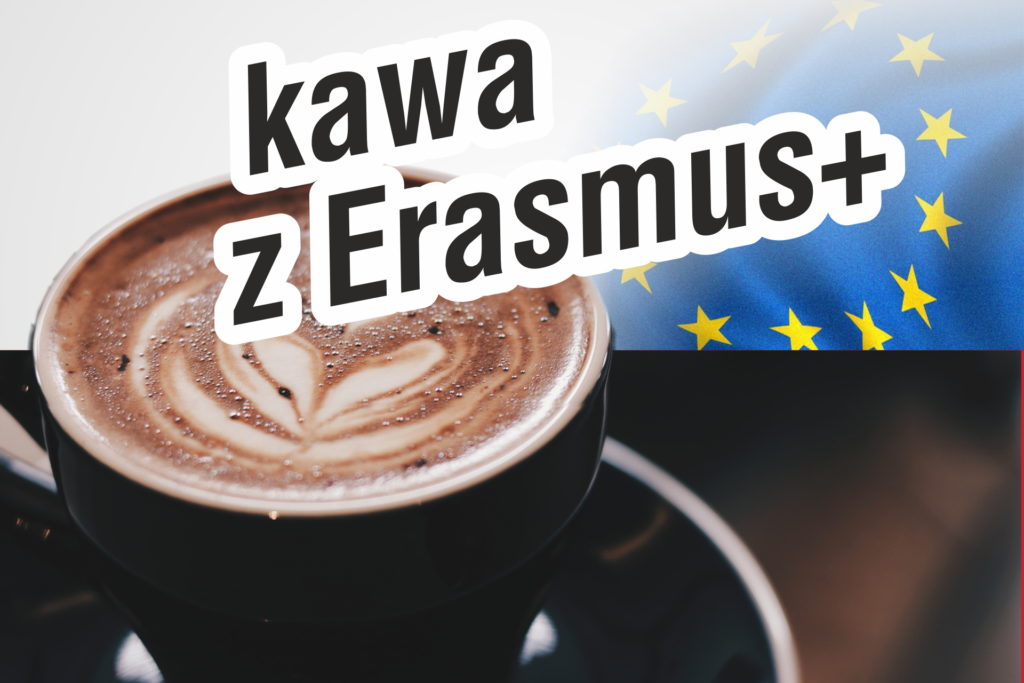 Kawa z Erasmusem. Filiżanka kawy latte art na tle flagi UE.