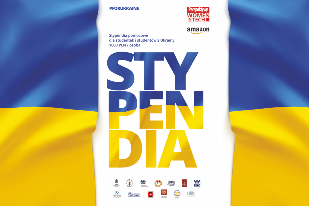 #FORUKRAINE: Stypendia pomocowe dla studentów z Ukrainy, 1000 PLN/osoba. Logo Amazon i Perspektywy Women in Tech.