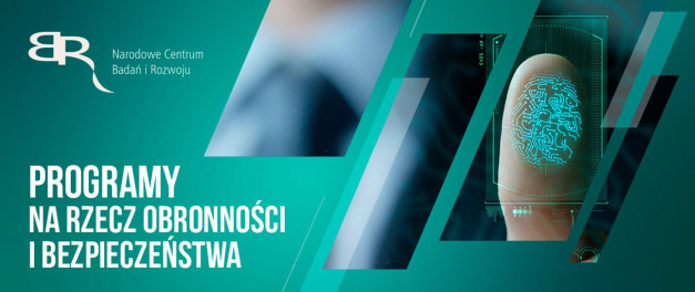 Logo NCBR, tekst "PROGRAMY NA RZECZ OBRONNOŚCI I BEZPIECZEŃSTWA", skanowanie odcisku palca.