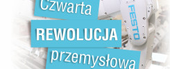 Tekst "Czwarta Rewolucja Przemysłowa" na tle robota przemysłowego Festo. Kontekst: automatyzacja, przemysł 4.0.
