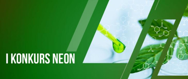 I KONKURS NEON. Pipeta z zielonym płynem, liście i wzory chemiczne. Kontekst naukowy, biologiczny.