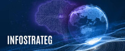 Grafika z globusem, mózgiem AI i tekstem "INFOSTRATEG". Kontekst: technologia, sztuczna inteligencja, globalna strategia.