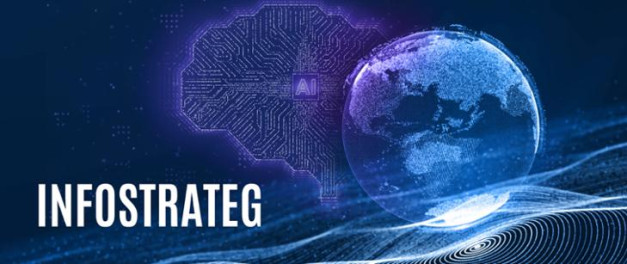 Grafika z globusem, mózgiem AI i tekstem "INFOSTRATEG". Kontekst: technologia, sztuczna inteligencja, globalna strategia.
