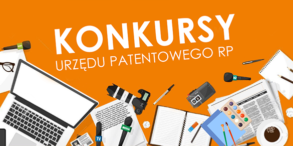 Konkursy Urzędu Patentowego RP. Laptop, mikrofony, aparat, gazety, notatnik, farby.