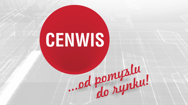 Czerwone koło z napisem CENWIS. Tekst "...od pomysłu do rynku!". Tło z elementami grafiki komputerowej.