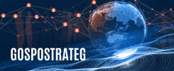 Cyfrowa sieć połączeń z ikonami ludzi i globusem. Tekst "GOSPOSTRATEG". Kontekst: globalna sieć, technologia.