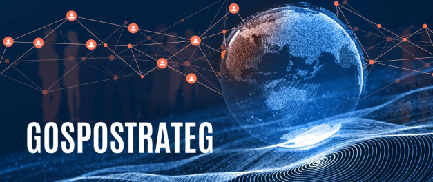 Cyfrowa sieć połączeń z ikonami ludzi i globusem. Tekst "GOSPOSTRATEG". Kontekst: globalna sieć, technologia.