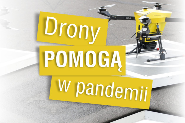 Drony pomagają w pandemii. Na zdjęciu żółty dron na lądowisku.