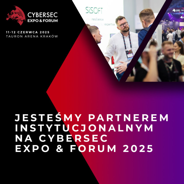 Plakat informuje o Cybersec Expo & Forum 2025 w Tauron Arena Kraków. Kluczowe obiekty: logo, daty, nazwa wydarzenia, ludzie.