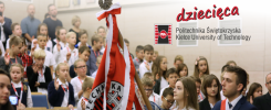 Inauguracja Roku Akademickiego 2024/2025 Politechniki Świętokrzyskiej. Kluczowe obiekty: sztandar, młodzież, logo uczelni.