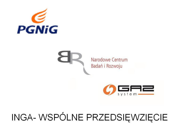 Logotypy PGNiG, Narodowe Centrum Badań i Rozwoju, GAZ SYSTEM. Napis: INGA- WSPÓLNE PRZEDSIĘWZIĘCIE.