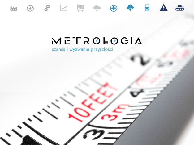 Miarka z oznaczeniami "10 FEET" i "3m". W tle logo "METROLOGIA" i ikony.