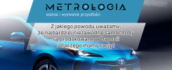 Niebieski samochód hybrydowy Toyota Prius. Tekst: "Metrologia. Szansa i wyzwanie przyszłości.