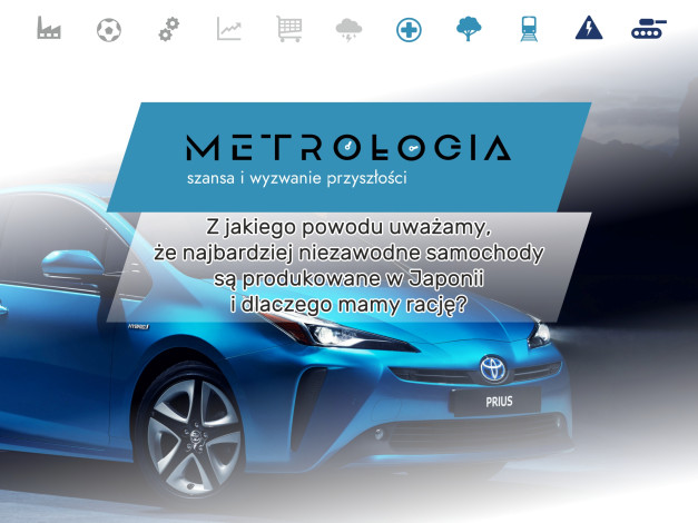 Niebieski samochód hybrydowy Toyota Prius. Tekst: "Metrologia. Szansa i wyzwanie przyszłości.
