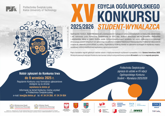 Plakat informuje o XV edycji Ogólnopolskiego Konkursu Student-Wynalazca 2025/2026.