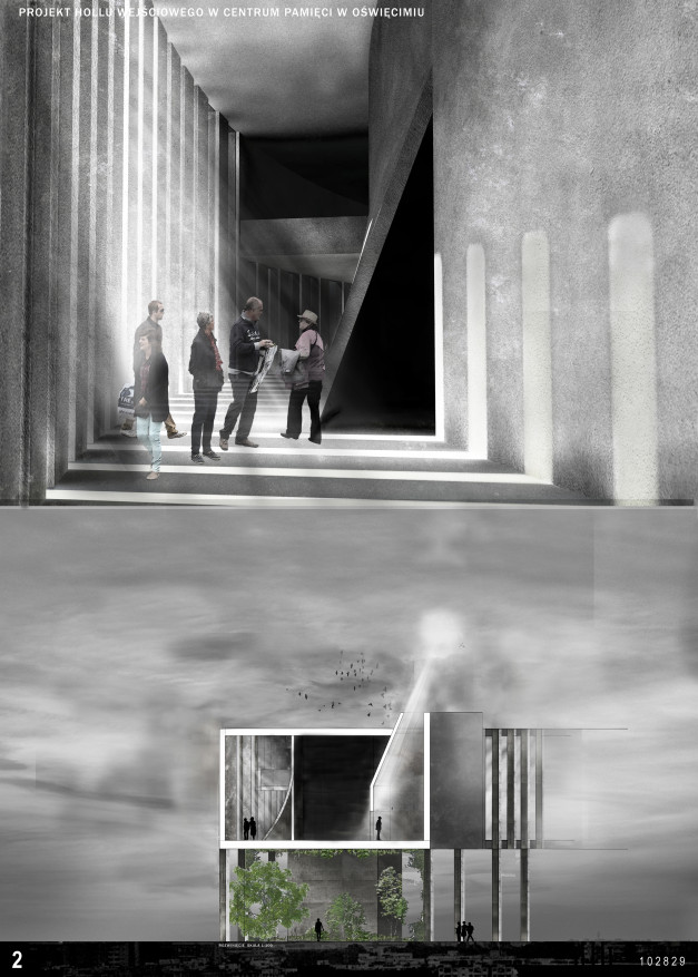 Projekt holu wejściowego w Centrum Pamięci w Oświęcimiu. Architektura z betonowymi elementami i ludźmi.