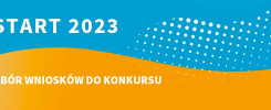 START 2023. Nabór wniosków do konkursu. Tło dwukolorowe: niebieskie i pomarańczowe, z białymi kropkami.