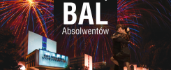 Jubileuszowy Bal Absolwentów. Para tańczy na tle fajerwerków i Politechniki Świętokrzyskiej.