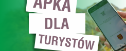 Aplikacja dla turystów. Kluczowe obiekty: smartfon, napisy "APKA", "DLA", "TURYSTÓW". Kontekst: promocja aplikacji mobilnej.