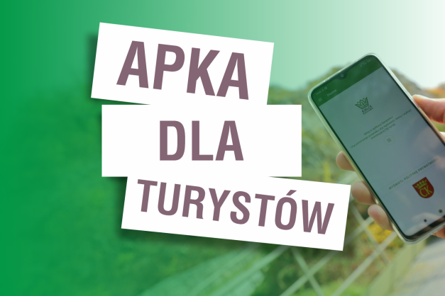 Aplikacja dla turystów. Kluczowe obiekty: smartfon, napisy "APKA", "DLA", "TURYSTÓW". Kontekst: promocja aplikacji mobilnej.