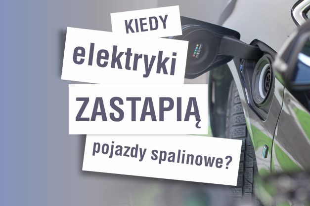 Napis "Kiedy elektryki zastąpią pojazdy spalinowe?" na tle ładowanego samochodu elektrycznego.