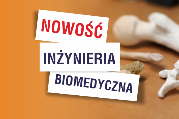 Trzy białe karty z napisami: "NOWOŚĆ", "INŻYNIERIA", "BIOMEDYCZNA". W tle modele kości.