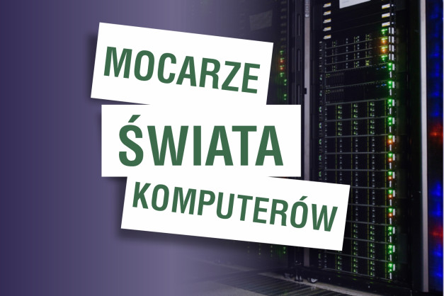 Napisy "MOCARZE ŚWIATA KOMPUTERÓW" na tle serwerowni. Kluczowe obiekty: napisy, serwery. Kontekst: technologia, informatyka.