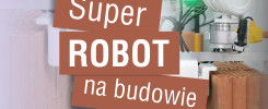 Robot przemysłowy pracuje na budowie, układając cegły. Kluczowe obiekty: robot, cegły. Kontekst: budowa.