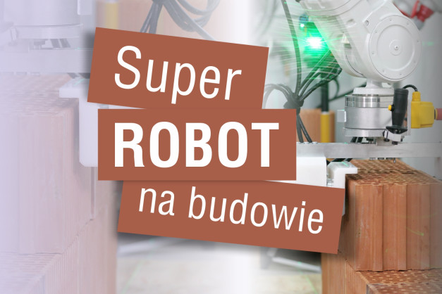 Robot przemysłowy pracuje na budowie, układając cegły. Kluczowe obiekty: robot, cegły. Kontekst: budowa.