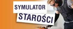 Symulator Starości. Mężczyzna w kamizelce i goglach pochyla się nad stołem.