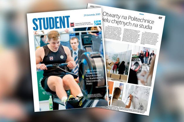 Mężczyzna trenuje na wioślarzu. Czasopismo "Student" z Politechniką Świętokrzyską.