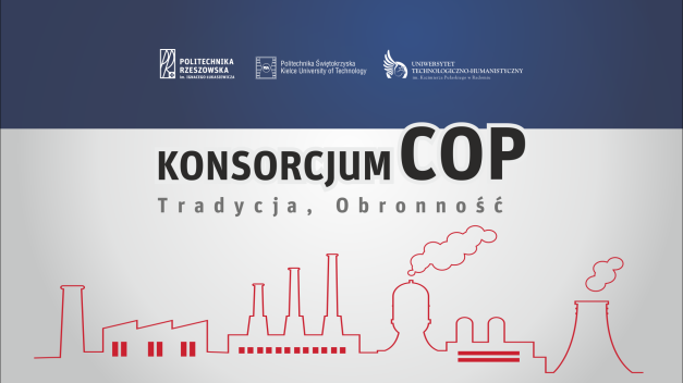 Logo konsorcjum COP z hasłem "Tradycja, Obronność". W tle grafika fabryki.