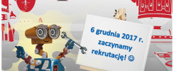 Grafika informuje o rekrutacji na Politechnice Świętokrzyskiej 6 grudnia 2017 r. Widoczny robot.