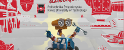 Robot z kluczem, logo Politechniki Świętokrzyskiej, napisy "dziecięca" i nazwa uczelni. Kontekst: promocja uczelni.
