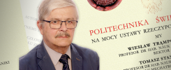 Mężczyzna w okularach na tle dokumentu z pieczęcią i orłem. Dokument zawiera napisy "POLITECHNIKA", "ŚWI", "profesor dr hab.