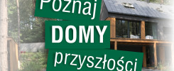 Zielone napisy "Poznaj DOMY przyszłości" na tle nowoczesnego domu w otoczeniu drzew.