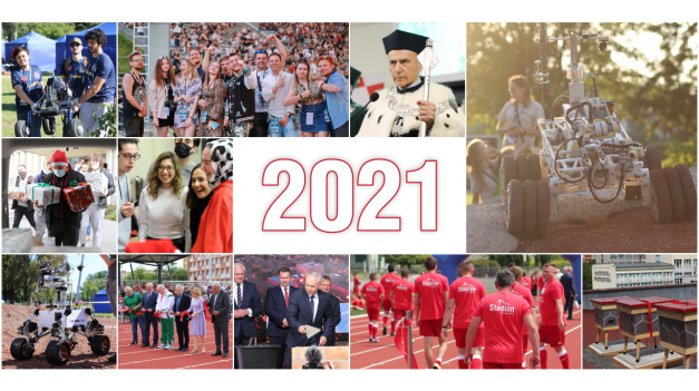 Kolaż zdjęć z 2021 roku: studenci, robot, uroczystości, sportowcy i ule.