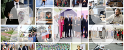 Kolaż zdjęć z wydarzeń: wręczenie nagrody, sport, budowa, nauka, ludzie.