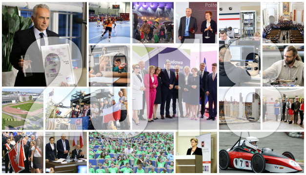 Kolaż zdjęć z wydarzeń: wręczenie nagrody, sport, budowa, nauka, ludzie.