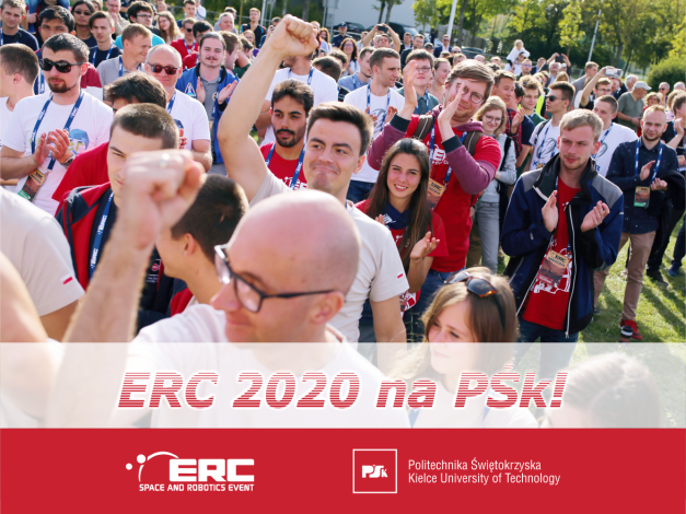 Ludzie na zewnątrz, niektórzy klaszczą. W tle budynki i drzewa. Kontekst: wydarzenie ERC 2020 na Politechnice Świętokrzyskiej.