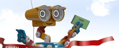 Kolorowy robot z kołami przecina czerwoną wstęgę z napisem "FINISH". Trzyma zieloną kartkę z napisem "INDEKS".