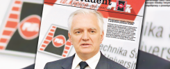 Wicepremier Jarosław Gowin na tle gazety "Student Politechnika Świętokrzyska". Kluczowe obiekty: mężczyzna, gazeta, logo.