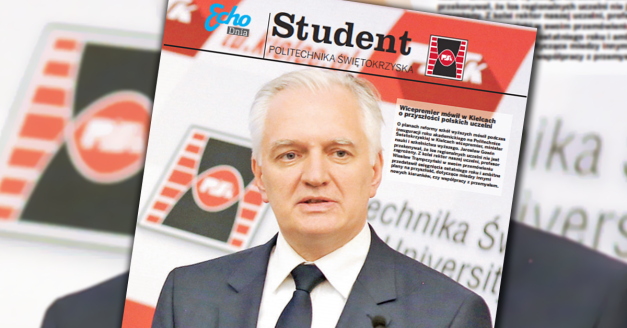 Wicepremier Jarosław Gowin na tle gazety "Student Politechnika Świętokrzyska". Kluczowe obiekty: mężczyzna, gazeta, logo.